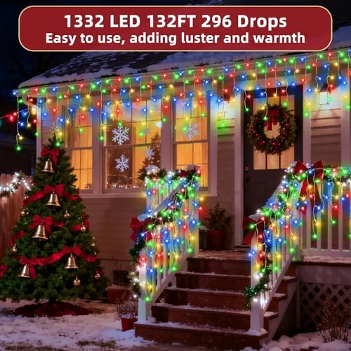 1332 LED 132ft Christmas Lights with 296 Drops, 12 Lighting Modes Multicolor Christmas Decoration Twinkling Lights Dimmable, Timer Outdoor Waterproof Fairy Lights for Indoor Garden House Eaves Roof - Image 2