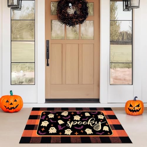 Halloween Outdoor Rug Set, Boo Door Mat 28 x 43 in, 2 Pcs Welcome Mat Set, Halloween Bats Rug, Black Doormat, Halloween Front Porch Doormats, Orange and Black Buffalo Plaid Mats for Outdoor Decor - Image 3