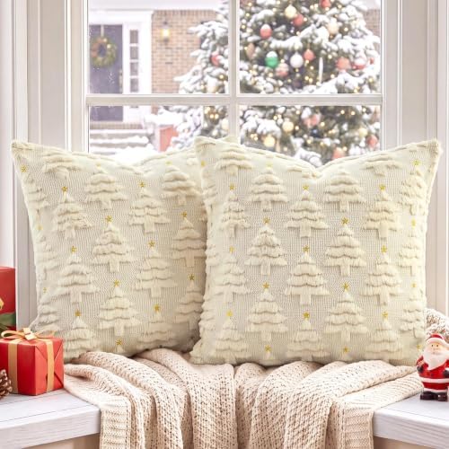 Softalker Christmas Pillow Covers 20x20 Set of 2, Beige Xmas Tree Decor - Image 2