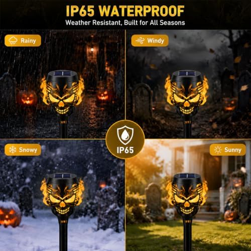 8 Pack Solar Halloween Lights Outdoor, Flickering Flame Skull Torches, Waterproof Purple Solar Lights for Yard, Spooky Skull Pathway Lights for Halloween Outdoor Decorations (Yellow) - Image 5