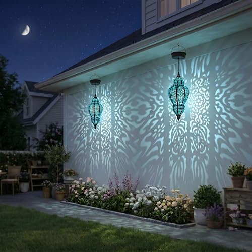Moroccan Hanging Solar Lights Outdoor Lantern Bidirectional Availabili Garden Decor Waterproof Plastic Blue Decorations for Patio Pathway Yard Backyard Solar Powered Garden Decorative (Black, 1) - Image 4