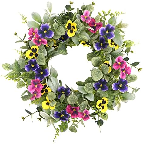 Artificial Spring Summer Wreath with Pansy Flowers,Flocked Lamb Ear Leaves,Eucalyptus Leaves,Fern Branches for Front Door Indoor Outdoor Farmhouse Wall Holiday Decor, White Gift Box Included by WreathDream