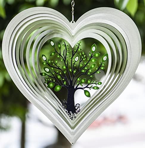 ISEO Silver Heart Wind Spinner with Glass Crystals Outdoor, 12 Inch Tree of Life Hanging Garden Decor, Gift for Women Mom Grandma by ISEO