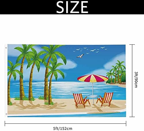 Yekiua Beach View Flag 3X5 Summer Holiday Tropical Palm Tree Chairs Umbrella UV Fade Resistant Vivid Color - Canvas Header Double Stitched Flag With Brass Grommets - Image 2