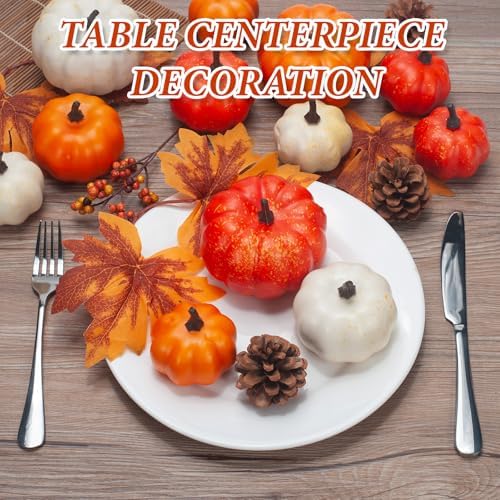 Pumpkin Decor Set, 22 PCS Fall Harvest Decorations - Orange Artificial Pumpkins, Pine Cones, Berries, Maple Leaves for Bowl Filler Tiered Tray Thanksgiving Halloween Baby Shower Wedding Wreath - Image 5