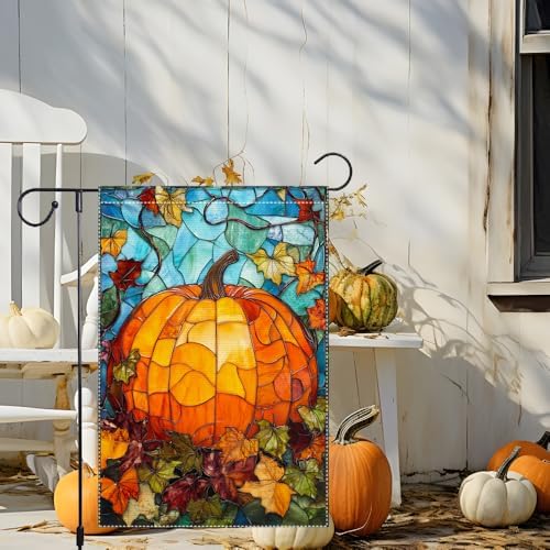 Fall Garden Flag For Outdoor Decor Thanksgiving Garden Flags Autumn Stained Glass Pumpkin Maple Leaf Double Sided Small Burlap Outside Porch Lawn Yard Flags Decorations 12.5x18 Inch - Image 2