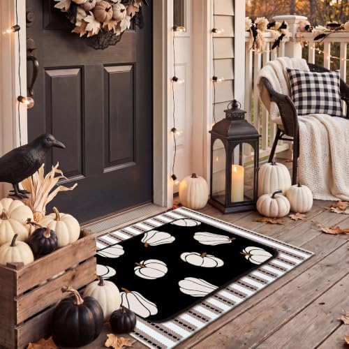 Tinideya 2 Pcs Halloween Layered Doormat Set, Neutral Pumpkin Outdoor Front Door Mat with Striped Layering Rug, Non Slip Fall Halloween Porch Entryway Outside Decor - Image 6
