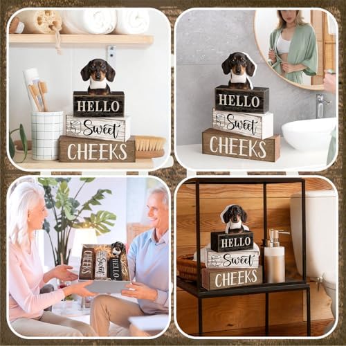 Moucuny 4 Pcs Farmhouse Dachshund Bathroom Decor, Hello Sweet Cheeks, Wood - Image 4