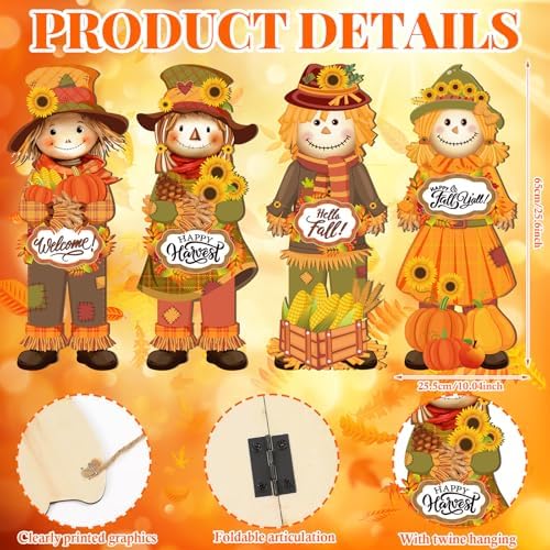 4 Pcs Outdoor Fall Thanksgiving Decoration for Home Scarecrow Decoration for Front Door 10 x 25.6 Inch Fall Hanging Decor Thanksgiving Wooden Scarecrow Wall Decor for Home Indoor Outdoor Porch Yard - Image 2