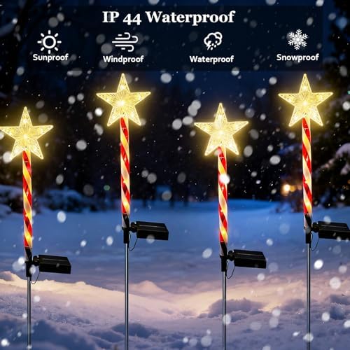 4 Pack Tangle-Free Installation Christmas Solar Pathway Lights Outdoor Decorations, 8 Modes Star Candy Garden Stake Lights Waterproof for Walkway Yard Lawn Porch Holiday Decor (Warm White) - Image 7