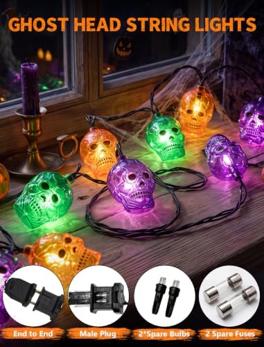 8.5Ft Outdoor Halloween Skull String Lights Plug in, 10 Ghost Head Lights - Image 3
