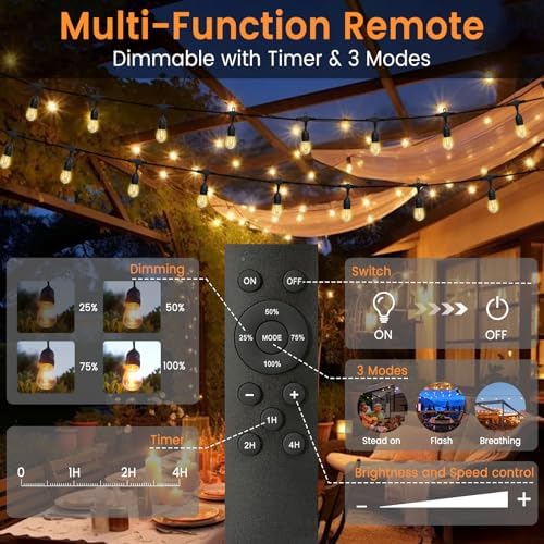 96ft Outdoor String Lights with Remote & Dimmer,48+4 Commercial Grade IP65 Waterproof Bulbs, 2700K Warm White,3 Lighting Modes & Timer,Includes 50 Cable Ties for Patio,Garden, Party（48FT*2） - Image 4
