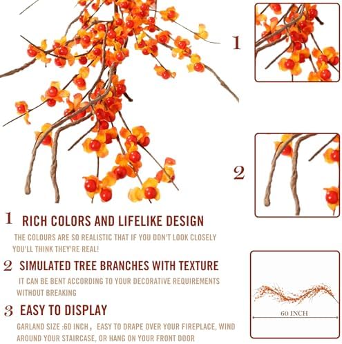 Artificial Bittersweet Garland for Fall Décor 60-Inch, Autumn Berries and Leaves for Thanksgiving, Halloween, and Wedding Decorations – Perfect for Mantels, Staircases, and Centerpieces - Image 2