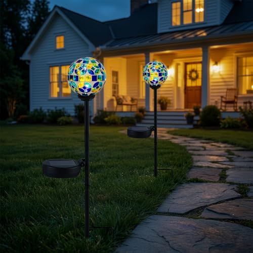 VCUTEKA Decorative Solar Garden Lights, 3.5" Mosaic Globe Outdoor Stake - Image 5