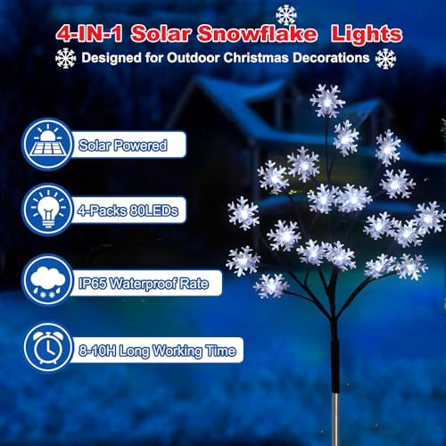 4-Pack 80LEDs Solar Christmas Snowflake Stake Lights, 8 Modes Solar Snowflake Christmas Decorations Outdoor Lights, Waterproof Outdoor Xmas Decorations for Garden Yard Pathway Walkway - Image 2