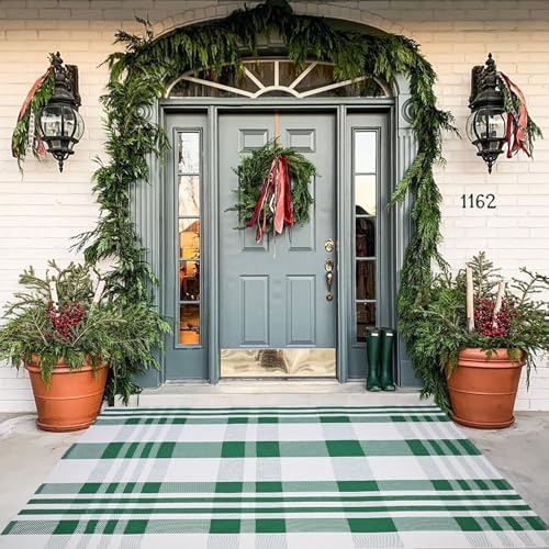 Christmas Plaid Outdoor Rug, 4' x 6' Green&White Checkered Indoor/Outdoor Area Rug, Layering Rug for Hello/Welcome Door Mat, Machine Washable Cotton Woven Rug for Farmhouse Front Porch, Entryway by BOTTA