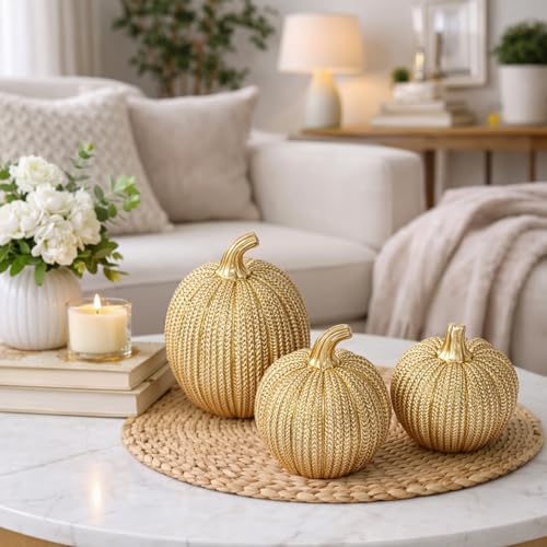 Pumpkin Fall Decor Indoor Fall Pumpkin Decorations 3Pcs Pumpkins Decor Thanksgiving Table Centerpiece Artificial Pumpkins Figurines for Autumn Harvest Home Decor Shelf Accent Decorating (Gold) - Image 4