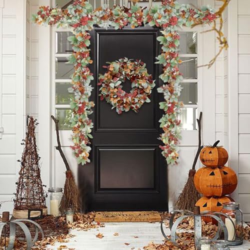 Artificial Fall Wreath for Front Door, Autumn Garland with Lambs Ears Leave Eucalyptus Leaves Berry,Fall Garland for Indoor Outdoor Farmhouse Home Wall Window Festival Decor - Image 5
