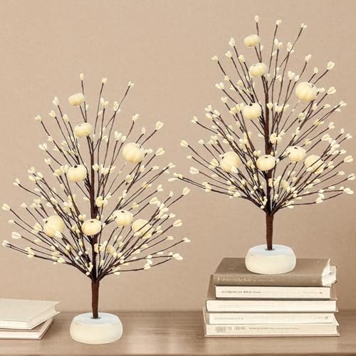2 Pack Fall Artificial Tree 15'' with White Pumpkins & Berries Fall Decor by TURNMEON