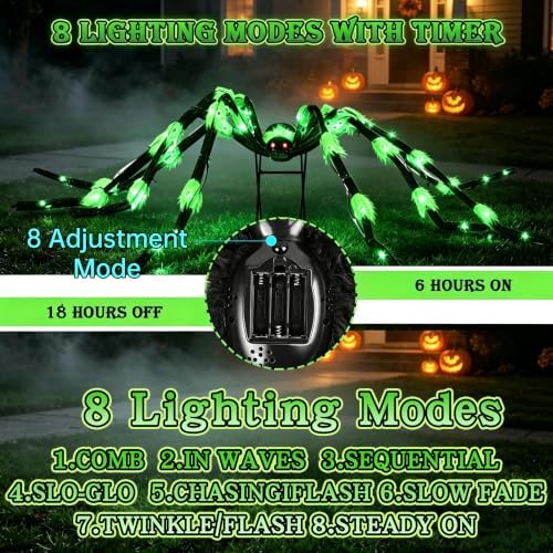 1 Pack 8 Modes 6.7 FT(Wide) Halloween Giant Spider,Light up Spider with 36 Green Lights,Light up Halloween Decorations Outside,for Yard Haunted House Window Party Porch Indoor Outside Decor - Image 2