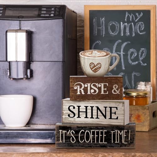 Moucuny 4 Pcs Farmhouse Coffee Bar Sign Decor Wooden It's Coffee Time Sign - Image 4