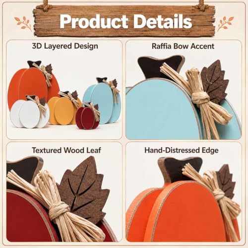 Wooden Pumpkin Fall Decor, 5-Piece Indoor Fall Decorations for Home, Rustic Harvest Autumn Thanksgiving Pumpkin Signs with Wooden Leaves for Tiered Tray, Table, Entryway, Mantel, Shelf, Office Desk - Image 5