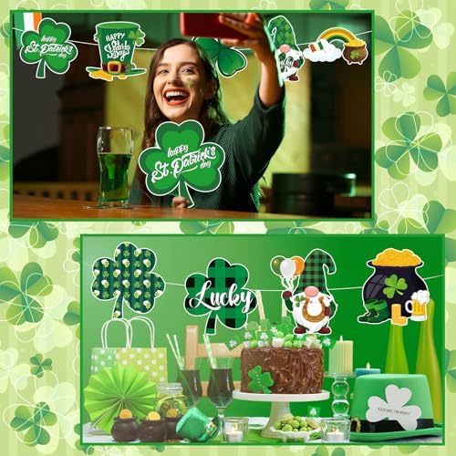 Yaomiao 2 Sets 10 Pcs Happy St. Patricks Day Door Banner Lucky Shamrock St Patricks Day Decorations Green Irish Porch Sign Shamrock Welcome Door Porch Banner for Spring Outdoor Indoor Wall Party - Image 6