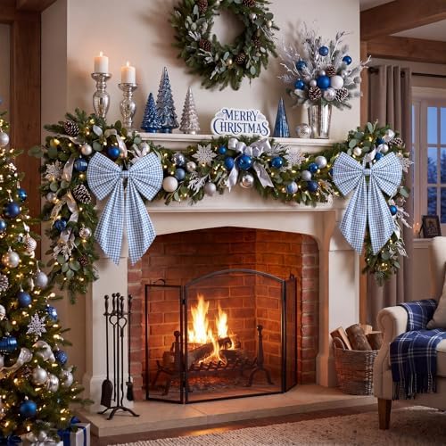 Suncalla 2 Pcs Blue Christmas Gingham Wreath Bows 18'' x 12'' - Image 5
