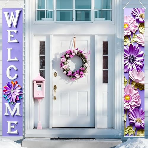 Porch Banners 71x12 Inch Welcome Purple Floral Spring Summer Decor by yuenengmaoyi