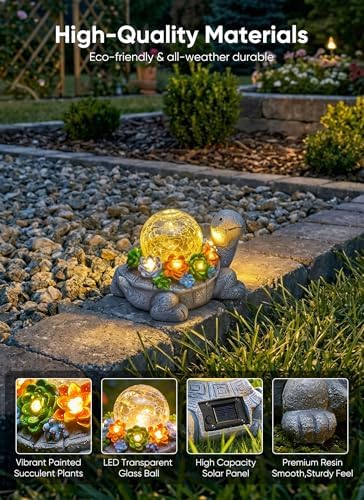 Brightown-Solar-Turtle-Garden-Decor-Statue with 5 Succulent LED Lights, Hand-Painted Resin, IP65 Waterproof Outdoor Decor for Patio, Balcony & Yard Decorations, Unique Mothers Day Gifts for Mom - Image 2