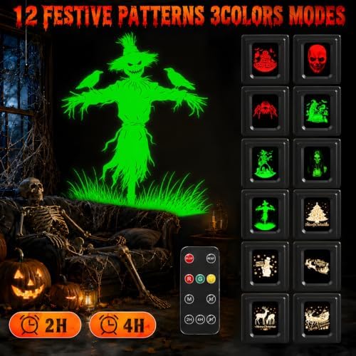 12 in 1 Halloween Projector Outdoor - 3D Dynamic Halloween Decorations,Clearer Skull/Spider/Pumpkin/Witch Cauldron HD Patterns,Holiday Lights for Window Garage Door Cover - Image 2