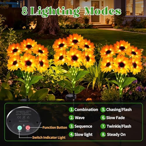Solar Sunflower Lights Outdoor Garden Decor, 3 Pack with 18 Sunflowers,8 Lighting Modes, Birthday Gifts for Mom Women, Outdoor Decorative Stakes Light for Landscape Yard Patio Lawn - Image 2