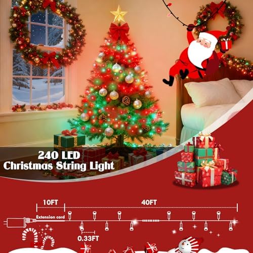88FT 240LED Extra-Long Connectable String Lights Indoor Outdoor Clear Wire, Red&Green Christmas String Lights, Plug in Twinkle Fairy Light with Timer for Wedding Patio Tree Yard Christmas Decorations - Image 6