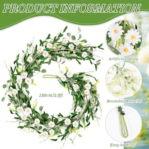 6 Ft White Flower Garland Artificial Summer Spring Faux Daisy Wildflower Floral Garland Spring Wreath for Wedding Arch Porch Stair Table Indoor Door Home All Year Decoration - Image 3