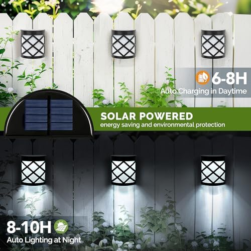GIGALUMI 8 Pack Solar Fence Light Cold White Porch Solar Powered Decor Outdoor Waterproof Wall Fence Lights for Garden, Yard, Patio, Front Door, Garage - Image 2