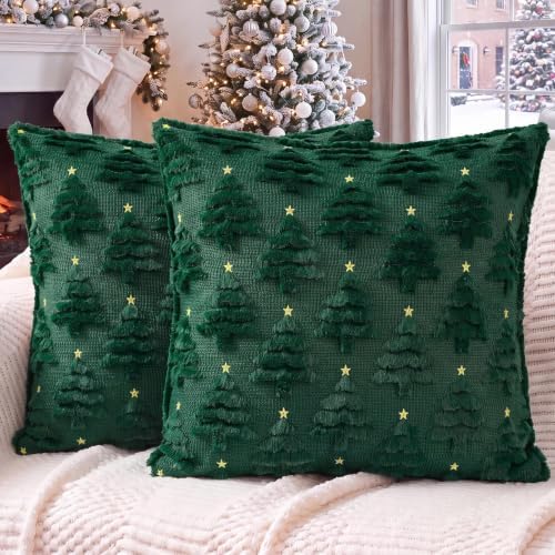 Softalker Christmas Pillow Covers 20x20 Set of 2, Green Xmas Tree Decor by Softalker