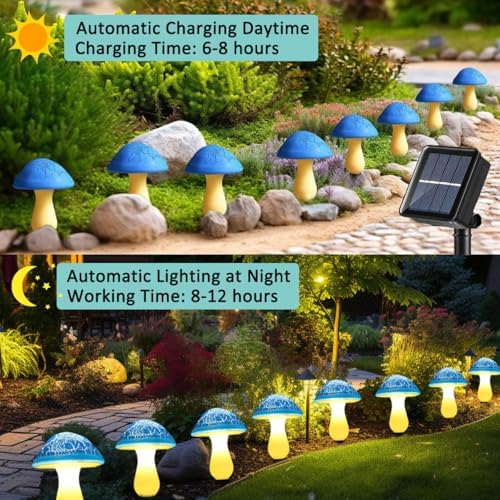 Solar Mushroom Lights Garden Decor 8 Blue Crack Mushrooms Outdoor Decor Stake Lights, Waterproof Solar Pathway Light Gardening Gifts for Landscape Easter Gnomes Yard Halloween Christmas Decorations - Image 5