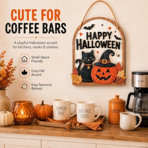 LKTEE Halloween Door Sign, Wooden Black Cat Pumpkin Decor for Front Door - Image 3