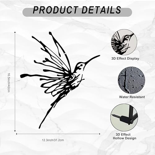 3D Metal Hummingbird Wall Art, Black Outdoor Decor, Waterproof(12.3"x16.5") - Image 3