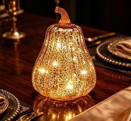 Fall Decorations for Home,Mercury Glass Pumpkin Lights with Timer(Rosegold) - Image 4