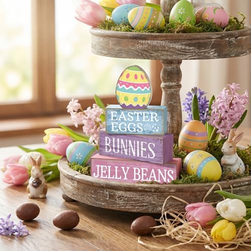 Lineshading 4 Pcs Easter Block Signs, Farmhouse Tiered Tray Decor Wooden - Image 4