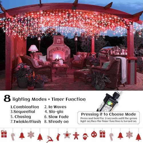 66ft Icicle Lights for Outside, Red and White Christmas Lights Outdoor Indoor, 640 LED Twinkle String Light with 120 Drops Short Curtain Light for Thanksgiving Room Home Wall Bedroom Window Decoration - Image 3
