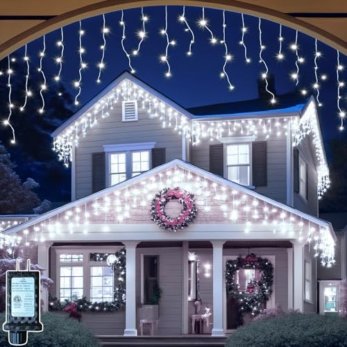 Cool White Christmas Lights Outdoor, 65ft 640 LED Icicle Lights for Outside House with Connectable Clear Wire 8 Modes Timer, Plug in Waterproof for Eaves Yard Party Indoor Holiday Decoration by Unknown