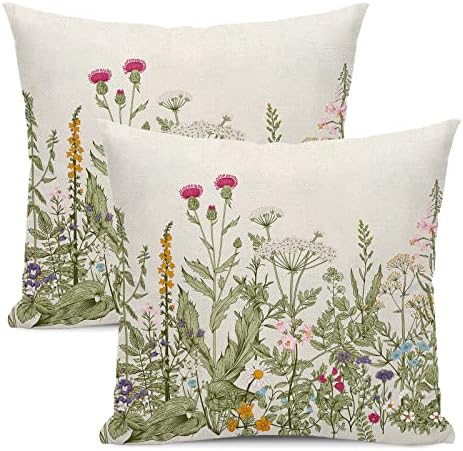 Spring Floral Pillow Covers 18 x 18 Inch Set of 2 Vintage Sage Green Wild Flowers Decor Throw Pillows Wildflower Plant Outdoor Farmhouse Decorative Cushion Cases for Couch Bed Sofa Decoration by CXMEIFLY