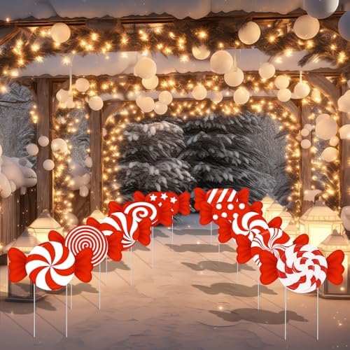10-Piece Christmas Candy Yard Signs with Stakes Decorations – 10 Assorted Designs 14 Inches Large Peppermint and Lollipop Signs for Outdoor Garden and Lawn Holiday Party Favor - Image 4