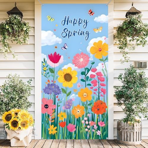 Front Door Covers Decorative, Spring Flower Design Door Curtain 70.8 x 35.4 Inch for Porch Outdoor Indoor Home Decor (Colorful-227) by AOHMPT