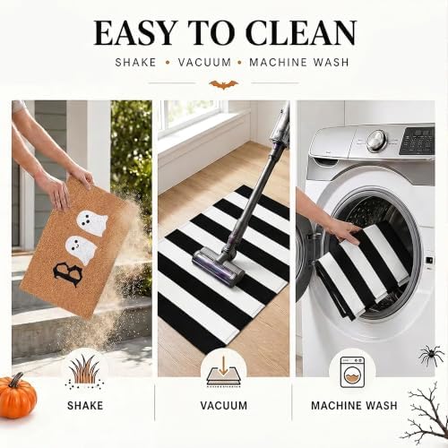 Halloween Door Mat Combo Set, Boo Ghost Coco Coir Welcome Doormat + 28" x 43" Black and White Plaid Rug, Autumn Halloween Front Porch Entryway Decor Floor Mat - Image 6