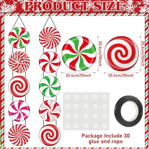 Yaomiao 2 Sets Christmas Candy Porch Sign Xmas Colorful Peppermint Candy Door Banner Home Hanging Decor Outdoor Indoor Banner Wall Hanging for Christmas Party Supplies - Image 2