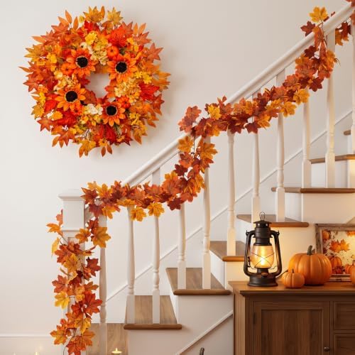 Fall Wreath & Garland with Pumpkins Sunflowers Maple Leaves Set, 26in - Image 4