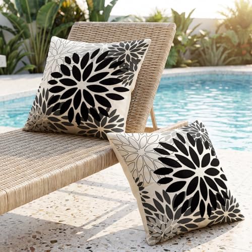 AVOIN colorlife Dahlia Flowers Black Waterproof Outdoor Throw Pillow Covers, 18 x 18 Inch Outdoor Summer Cushion Case Decoration for Patio Garden Porch Set of 2 - Image 2